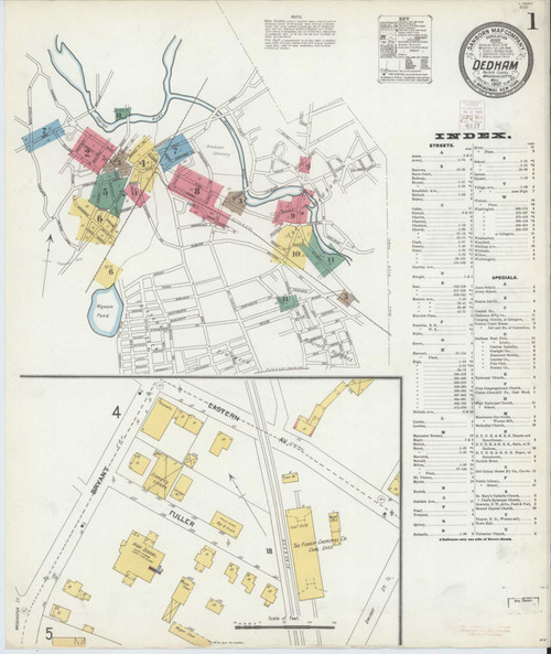 Dedham Massachusetts 1903 - Fire Insurance Index - Old Map Reprint