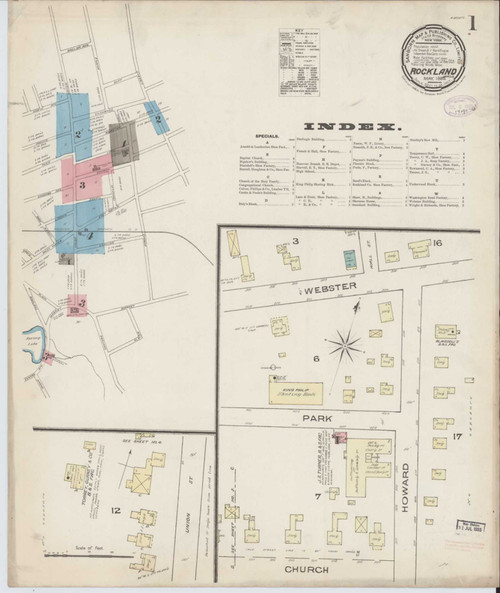 Rockland Massachusetts 1885 - Fire Insurance Index - Old Map Reprint
