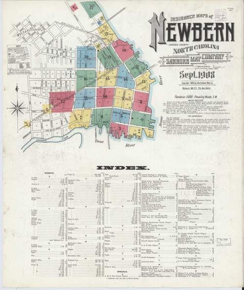 New Bern North Carolina 1908 - Fire Insurance Index - Old Map Reprint