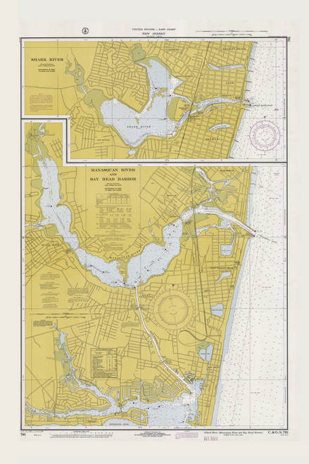 Shark River, Manasquan River, and Bay Head Harbor Adjusted Color 1970 - Old Map Nautical Chart AC Harbors 795 - New Jersey
