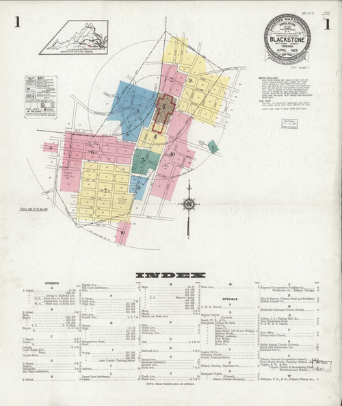 Blackstone Virginia 1925 - Fire Insurance Index - Old Map Reprint