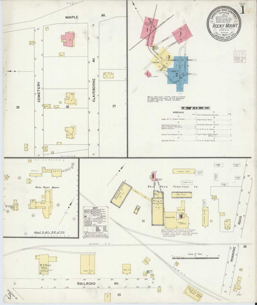 Rocky Mount Virginia 1907 - Fire Insurance Index - Old Map Reprint