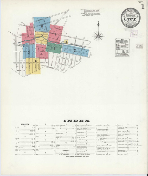 Lititz Pennsylvania 1904 - Fire Insurance Index - Old Map Reprint
