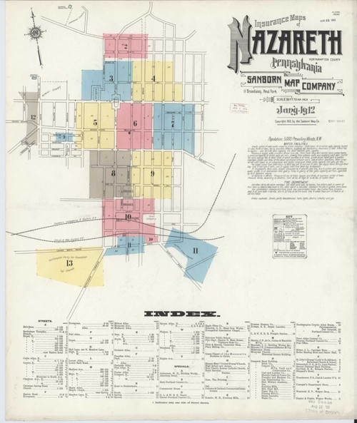 Nazareth Pennsylvania 1912 - Fire Insurance Index - Old Map Reprint