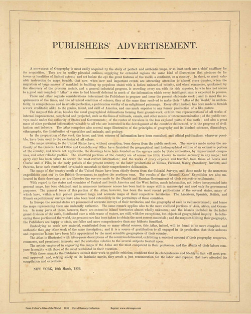 Publishers' Advertisement - 1856 Colton World Atlas