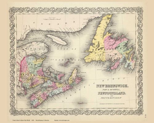 New Brunswick, Nova Scotia, Newfoundland, and Prince Edward Island - 1856 Colton World Atlas