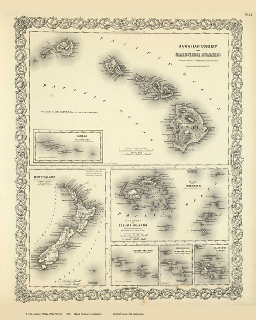 Hawaii, Samoa, New Zealand, Fiji, Tonga, etc - 1856 Colton World Atlas