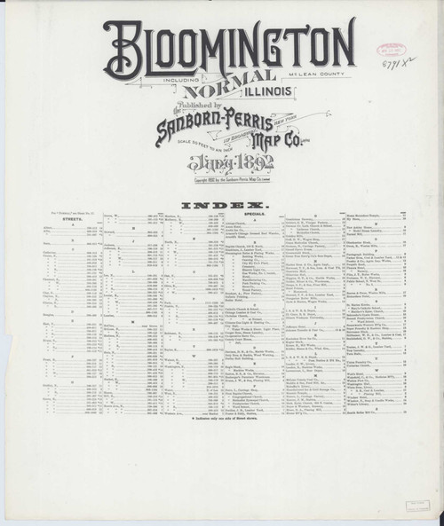 Bloomington Illinois 1892 - Fire Insurance Index - Old Map Reprint