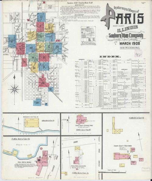 Paris Illinois 1908 - Fire Insurance Index - Old Map Reprint
