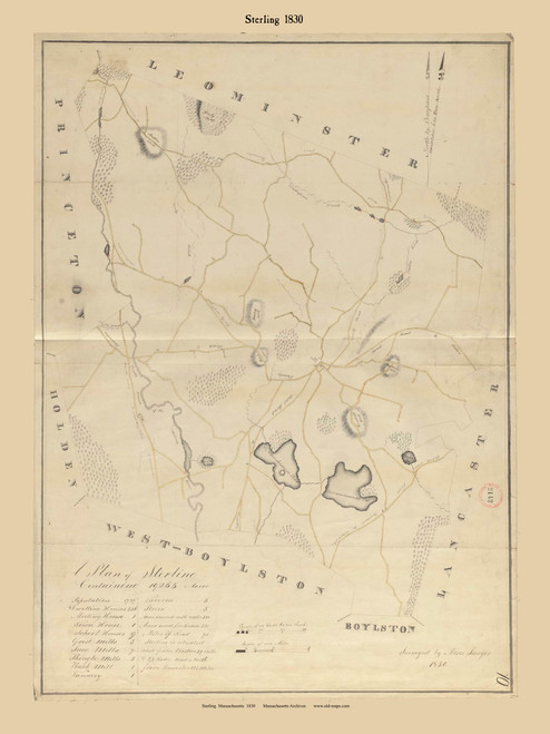 Sterling, Massachusetts 1830 Old Town Map Reprint - Roads Place Names Massachusetts Archives