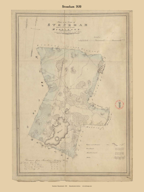 Stoneham, Massachusetts 1830 Old Town Map Reprint - Roads Place Names Massachusetts Archives