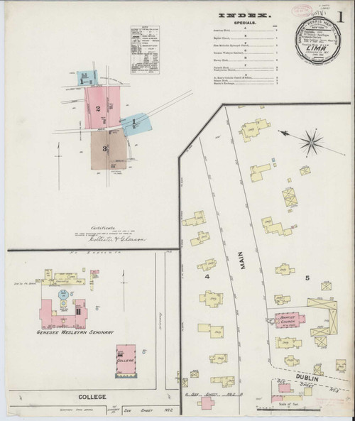 Lima New York 1890 - Fire Insurance Index - Old Map Reprint