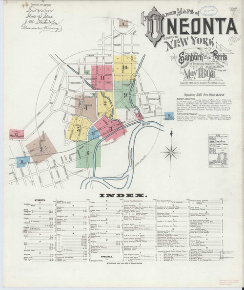 Oneonta New York 1898 - Fire Insurance Index - Old Map Reprint