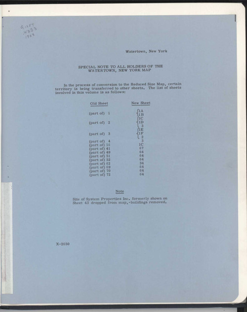Watertown New York 1958 - Fire Insurance Index - Old Map Reprint