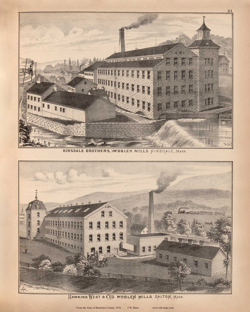 Hinsdale Brothers and Hawkins West & Co.'s Woolen Mills, Massachusetts 1876 Old Town Map Reprint - Berkshire Co. 57