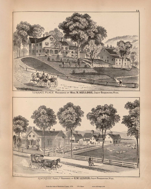 Terrace Place, Res. Of N. Kellogg & Riverside Farm, Res. Of G.W. Lester, Massachusetts 1876 Old Town Map Reprint - Berkshire Co. 69