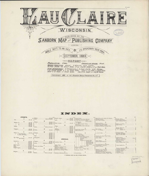Eau Claire Wisconsin 1883 - Fire Insurance Index - Old Map Reprint