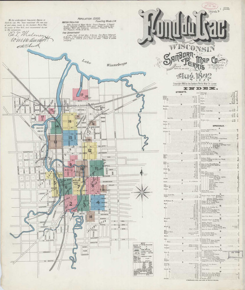 Fond Du Lac Wisconsin 1892 - Fire Insurance Index - Old Map Reprint