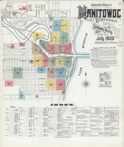 Manitowoc Wisconsin 1900 - Fire Insurance Index - Old Map Reprint