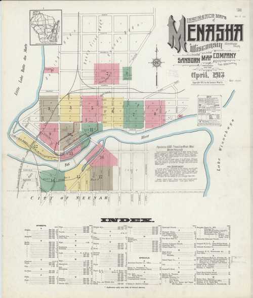 Menasha Wisconsin 1913 - Fire Insurance Index - Old Map Reprint