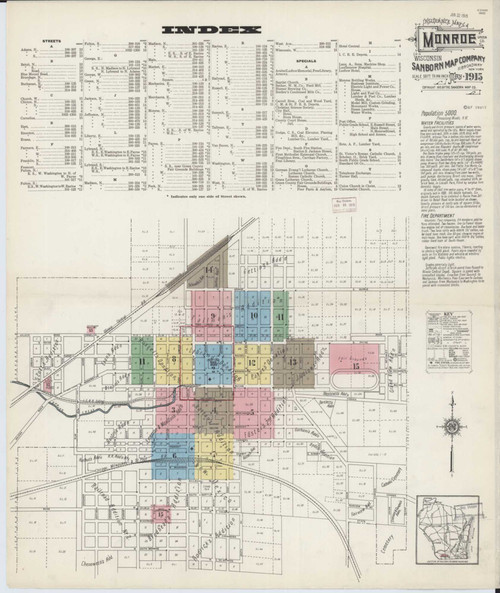 Monroe Wisconsin 1915 - Fire Insurance Index - Old Map Reprint