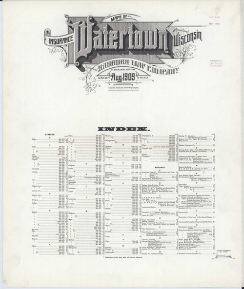 Watertown Wisconsin 1909 - Fire Insurance Index - Old Map Reprint