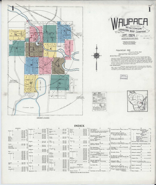 Waupaca Wisconsin 1924 - Fire Insurance Index - Old Map Reprint