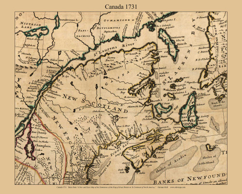 Canada, 1731 Moll Map of New England Excerpts