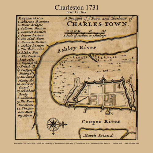 Charleston, South Carolina, 1731 Moll Map of New England Excerpts