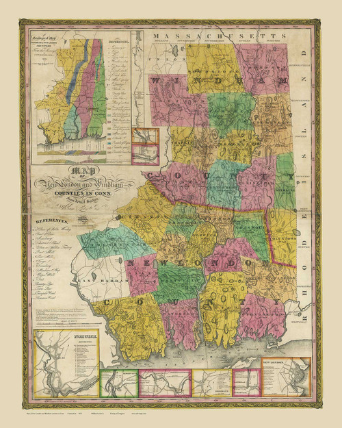 New London & Windham County Connecticut 1833 - Old Map Reprint