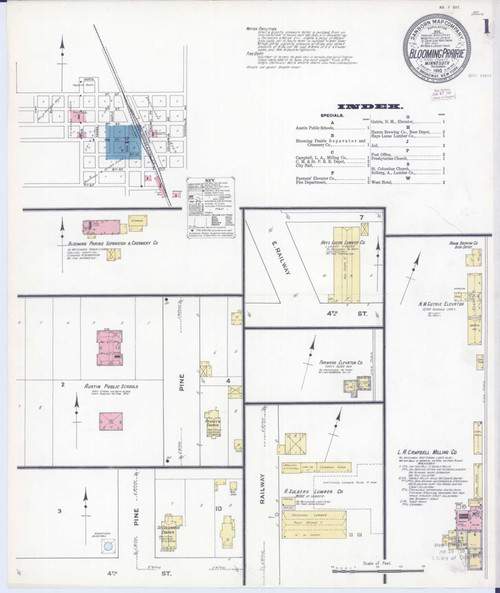 Blooming Prairie Minnesota 1910 - Fire Insurance Index - Old Map Reprint