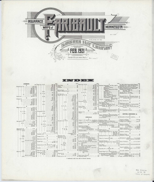 Faribault Minnesota 1921 - Fire Insurance Index - Old Map Reprint