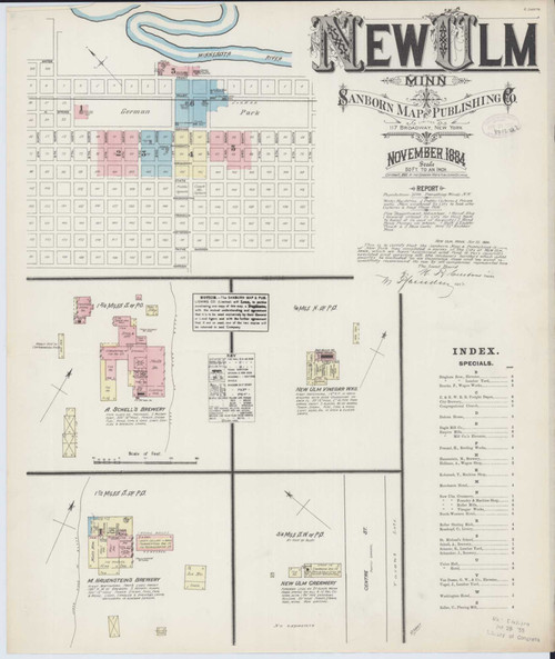 New Ulm Minnesota 1884 - Fire Insurance Index - Old Map Reprint