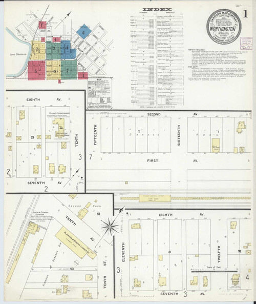 Worthington Minnesota 1907 - Fire Insurance Index - Old Map Reprint