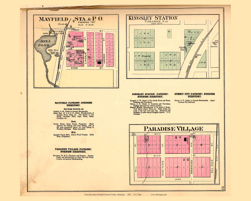Paradise Village, Mayfield Station & Kingsley Station, Michigan 1881 Old Town Map Print - Grand Traverse Co. 23