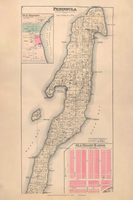 Peninsula & Old Mission, Michigan 1881 Old Town Map Print - Grand Traverse Co. 30-31