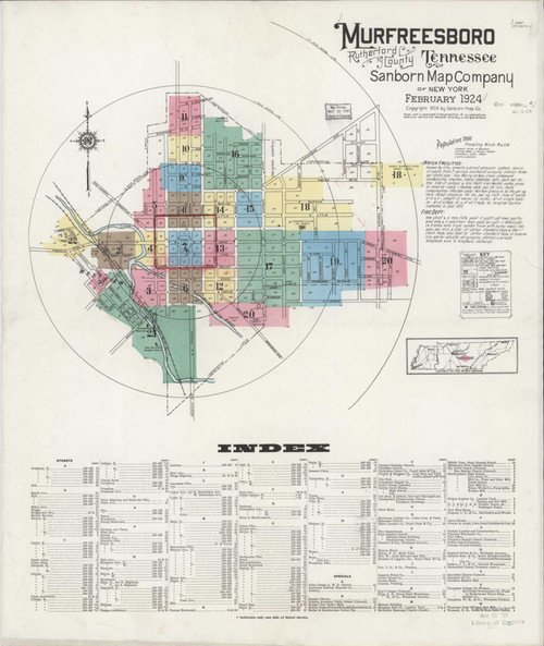 Murfreesboro Tennessee 1924 - Fire Insurance Index - Old Map Reprint