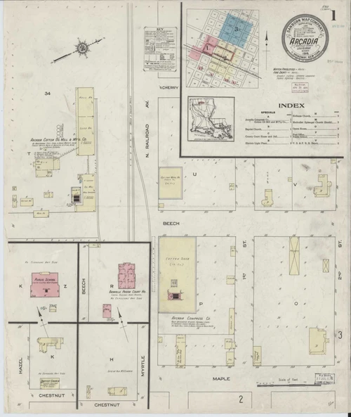 Arcadia Louisiana 1914 - Fire Insurance Index - Old Map Reprint