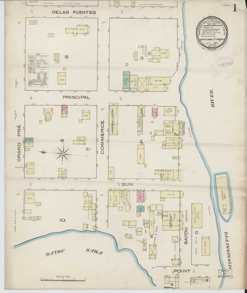 Bayou Sara Louisiana 1885 - Fire Insurance Index - Old Map Reprint