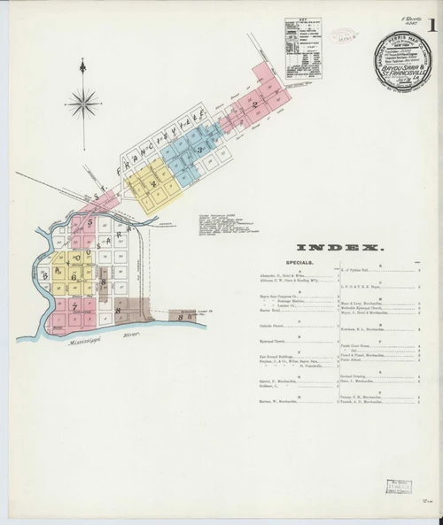 Bayou Sara Louisiana 1891 - Fire Insurance Index - Old Map Reprint