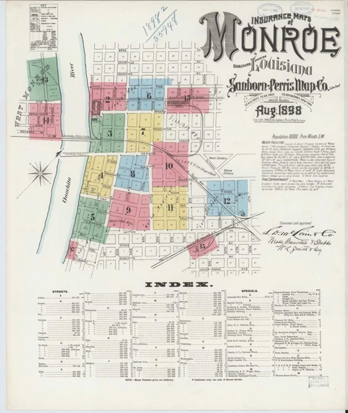 Monroe Louisiana 1898 - Fire Insurance Index - Old Map Reprint
