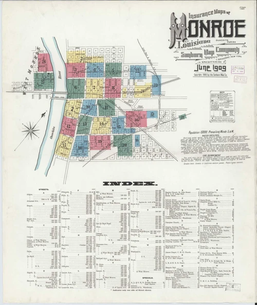 Monroe Louisiana 1909 - Fire Insurance Index - Old Map Reprint