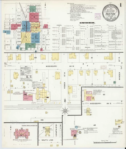 Ruston Louisiana 1908 - Fire Insurance Index - Old Map Reprint
