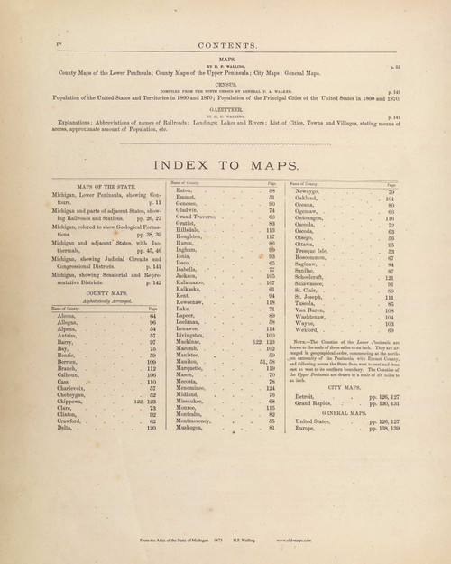 Index IV, Michigan 1873 Old Map Reprint - Walling State Atlas