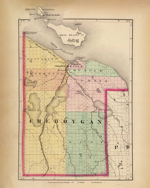 Cheboygan 52, Michigan 1873 Old Map Reprint - Walling State Atlas