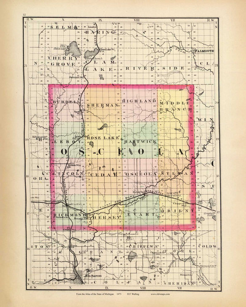 Osceola 72, Michigan 1873 Old Map Reprint - Walling State Atlas