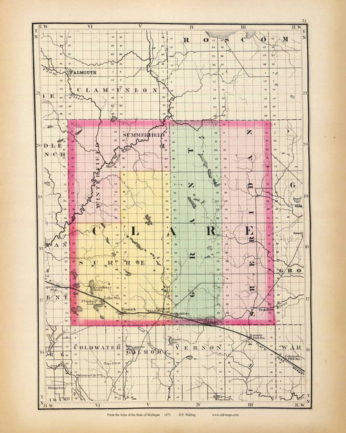 Clare 73, Michigan 1873 Old Map Reprint - Walling State Atlas