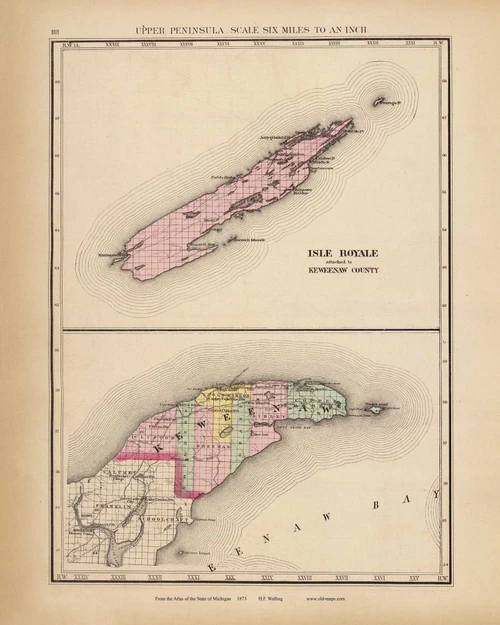 Isle Royale & Keweenaw 118, Michigan 1873 Old Map Reprint - Walling State Atlas