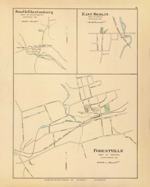 South Glastonbury, East Berlin & Forestville 49, Connecticut 1893 Old Map Reprint - Hurd State Atlas
