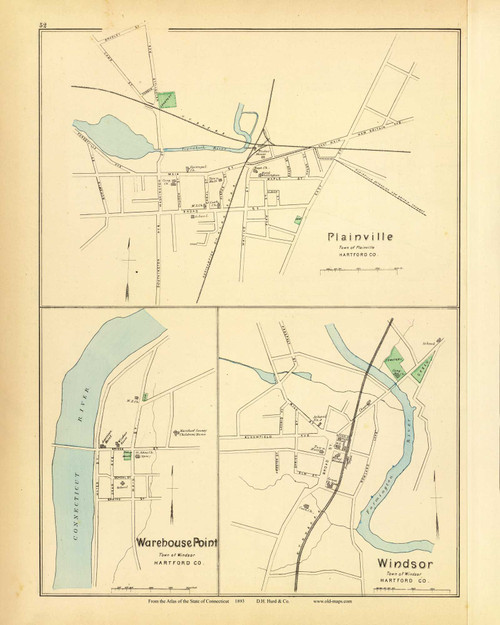 Plainville, Warehouse Point & Windsor 52, Connecticut 1893 Old Map Reprint - Hurd State Atlas